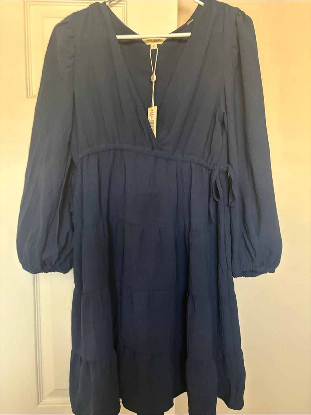 Max Studio Blue V-Neck Tiered Long Sleeve Dress